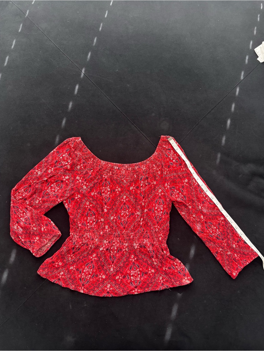 Red Patterned Peplum Long Sleeve Top